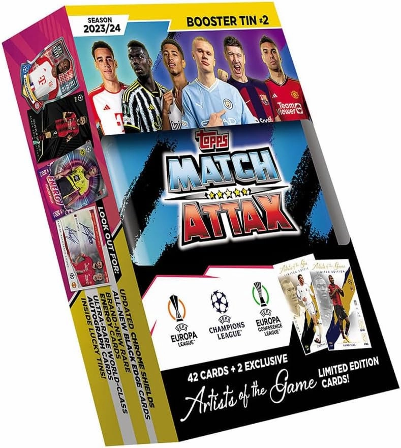 Soccer Trading Cards Topps Champions League Match Attax 2023/24 - Booster Tin 2 - Contains 42 Match Attax Cards Plus 2 Limited Edition Artists of The Game Cards - Booster Tin Champions League Cards