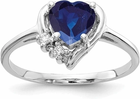 Solid 14k White Gold 6mm Heart Sapphire Blue September Gemstone Diamond Engagement Ring (.03 cttw.)