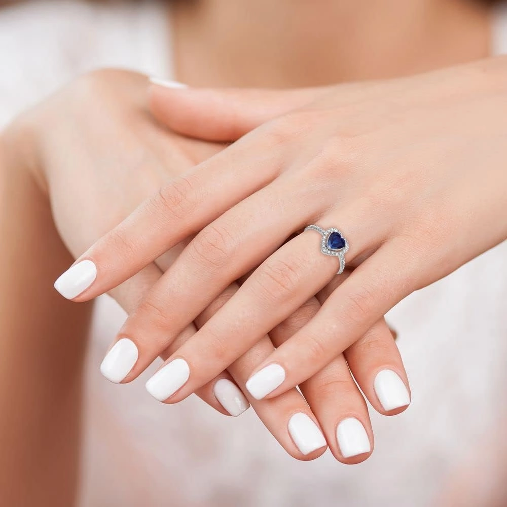 Solid 14k White Gold 6mm Heart Sapphire Blue September Gemstone Diamond Engagement Ring (.136 cttw.)
