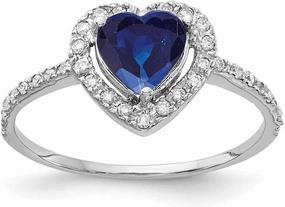 Solid 14k White Gold 6mm Heart Sapphire Blue September Gemstone Diamond Engagement Ring (.136 cttw.)