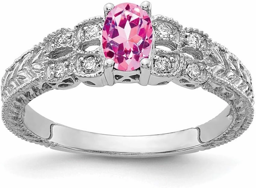 Solid 14k White Gold 6x4mm Oval Pink Sapphire Diamond Engagement Ring (.088 cttw.)