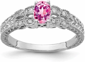 Solid 14k White Gold 6x4mm Oval Pink Sapphire Diamond Engagement Ring (.088 cttw.)