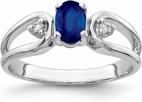 Solid 14k White Gold 6x4mm Oval Sapphire Blue September Gemstone Diamond Engagement Ring (.034 cttw.)