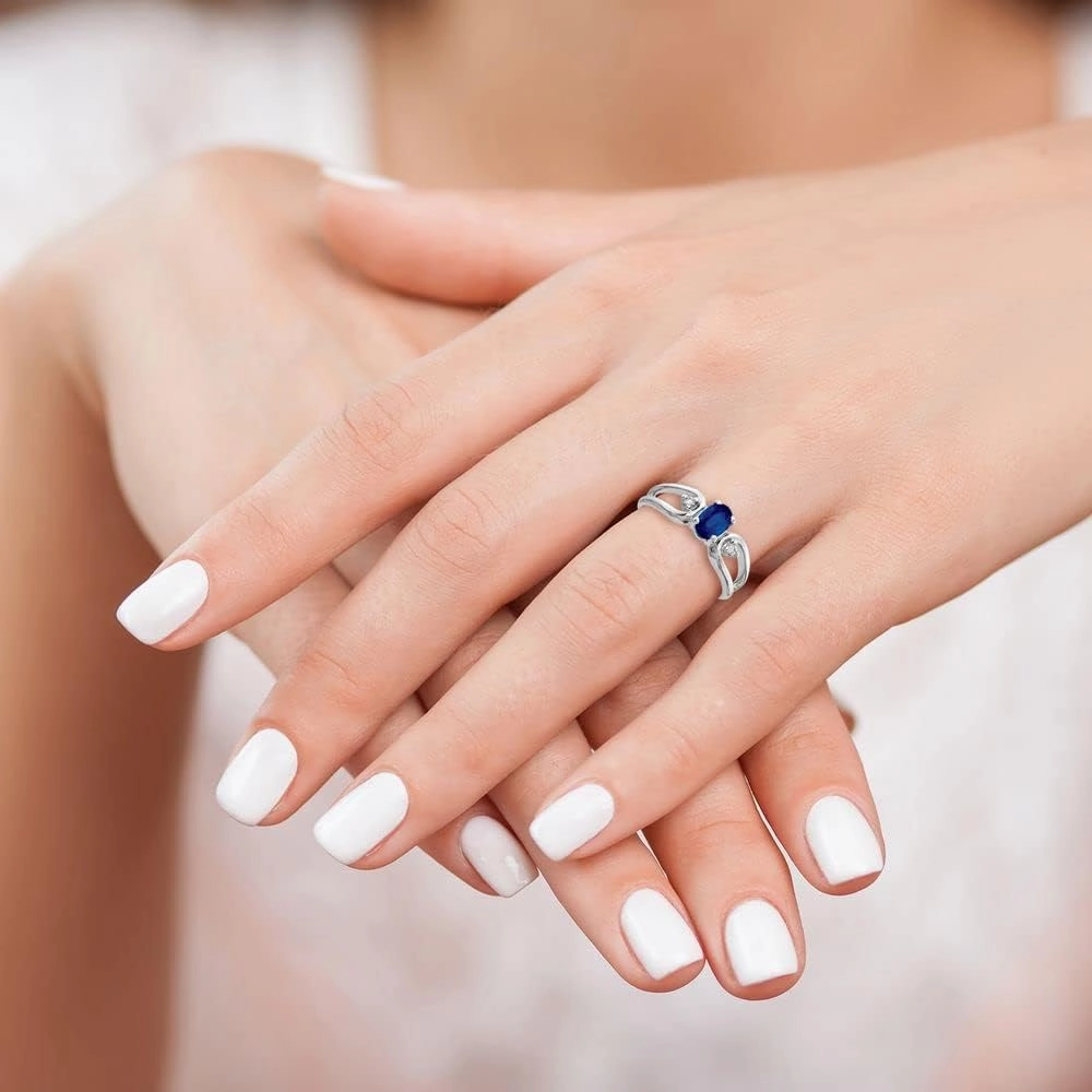 Solid 14k White Gold 6x4mm Oval Sapphire Blue September Gemstone Diamond Engagement Ring (.034 cttw.)