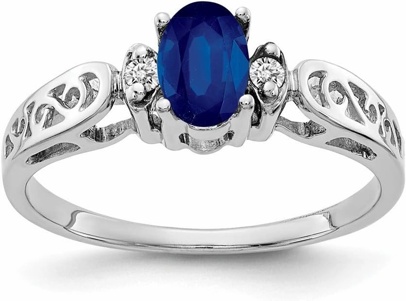 Solid 14k White Gold 6x4mm Oval Sapphire Blue September Gemstone Diamond Engagement Ring (.034 cttw.)