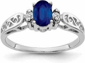 Solid 14k White Gold 6x4mm Oval Sapphire Blue September Gemstone Diamond Engagement Ring (.034 cttw.)