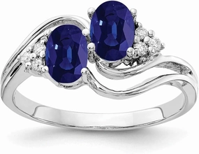 Solid 14k White Gold 6x4mm Oval Sapphire Blue September Gemstone Diamond Engagement Ring (.048 cttw.)