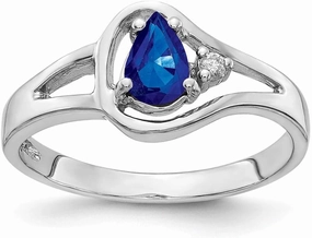 Solid 14k White Gold 6x4mm Pear Sapphire Blue September Gemstone Diamond Engagement Ring (.017 cttw.)