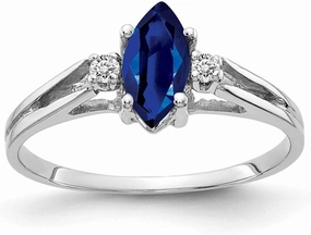 Solid 14k White Gold 8x4mm Marquise Sapphire Blue September Gemstone Diamond Engagement Ring (.04 cttw.)
