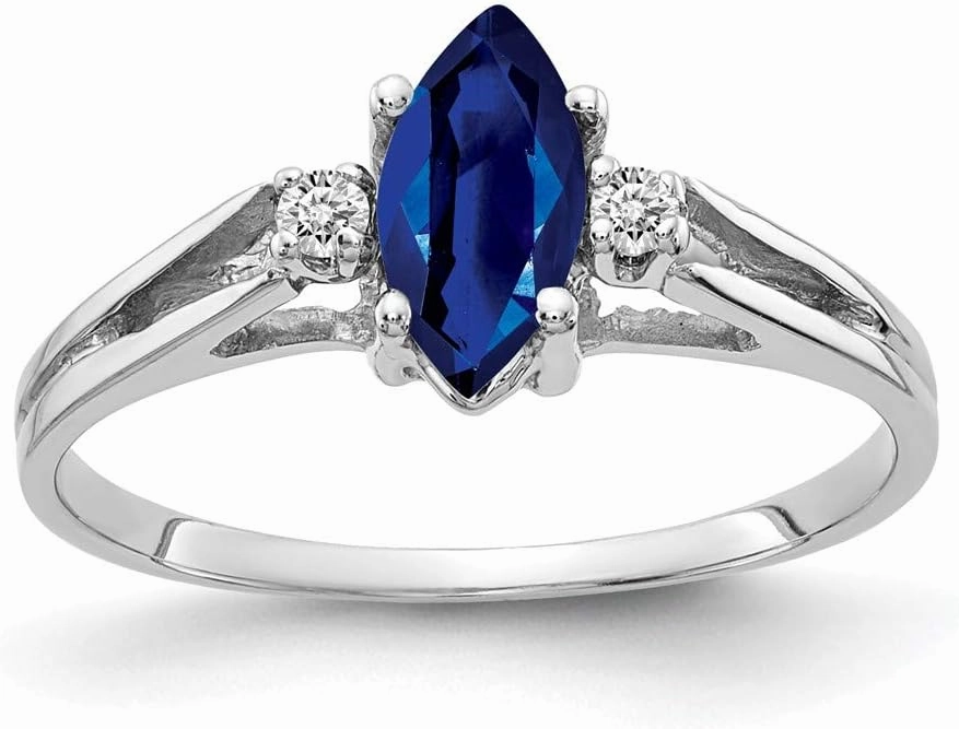 Solid 14k White Gold 8x4mm Marquise Sapphire Blue September Gemstone Diamond Engagement Ring (.04 cttw.)