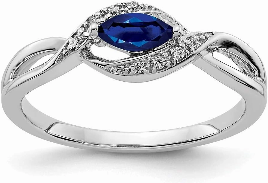 Solid 14K White Gold Diamond and Sapphire Blue September Gemstone Marquise Engagement Ring (.039 cttw.)