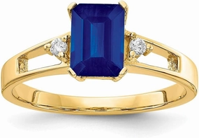 Solid 14k Yellow Gold 7x5mm Emerald Cut Sapphire Blue September Gemstone VS Diamond Engagement Ring (.04 cttw.)