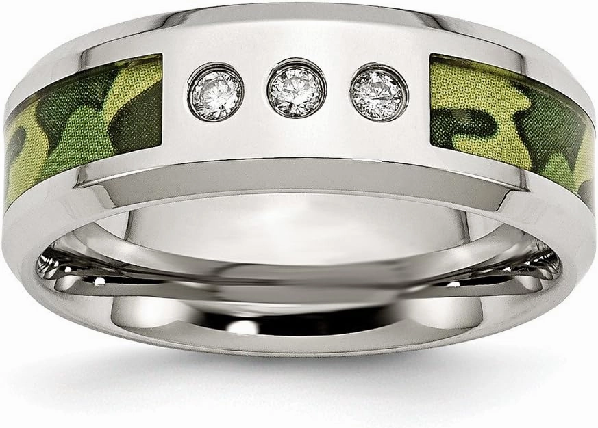 Solid Stainless Steel Camouflage 1/10ct. tw. Diamond 8mm Men's Wedding Band Ring