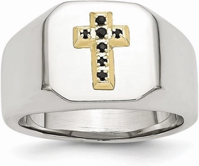 Solid Stainless Steel Men's 14k Sapphire Blue September Gemstone Cross Ring Band Size 10