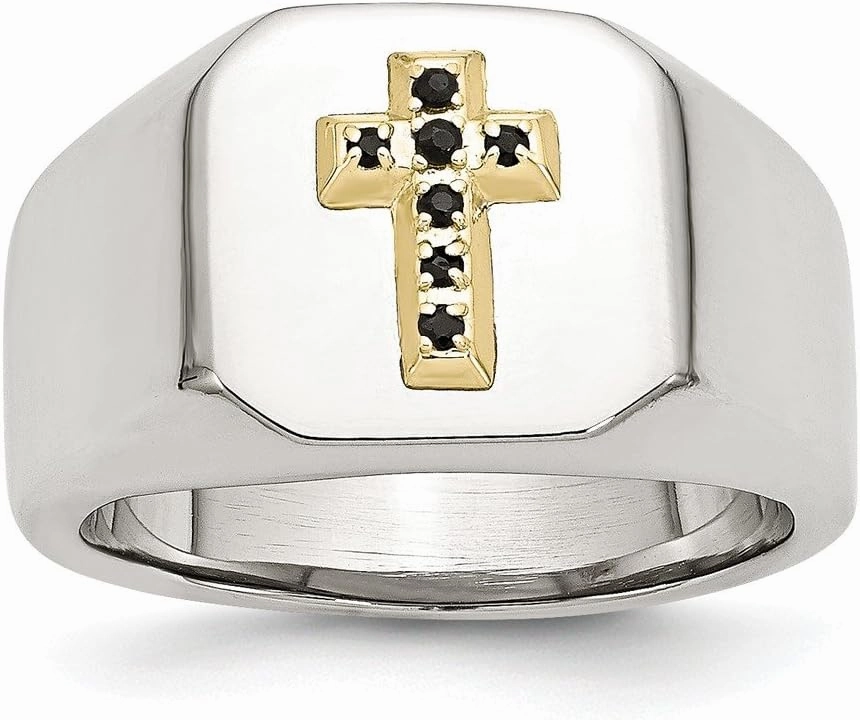 Solid Stainless Steel Men's 14k Sapphire Blue September Gemstone Cross Ring Band Size 10