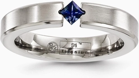 Solid Titanium Matte Brushed Finish Sapphire Blue September Gemstone 4mm Wedding Band Ring