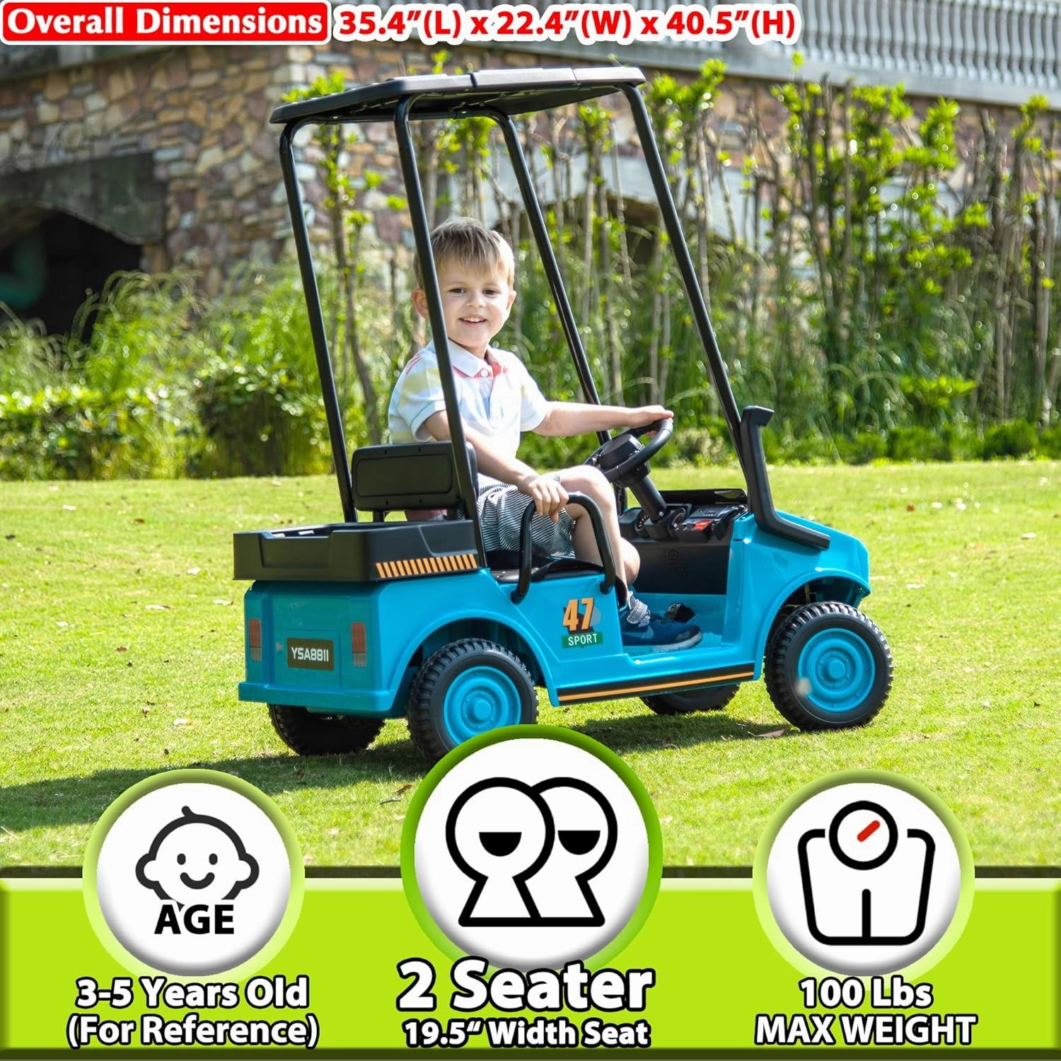 sopbost 2 Seater Ride On Car with Remote Control 2WD 12V Electric Mini Golf Cart for Kids Boys Girls Age 3-5, Bluetooth, Plastic Roof, Rear Storage Box - Blue