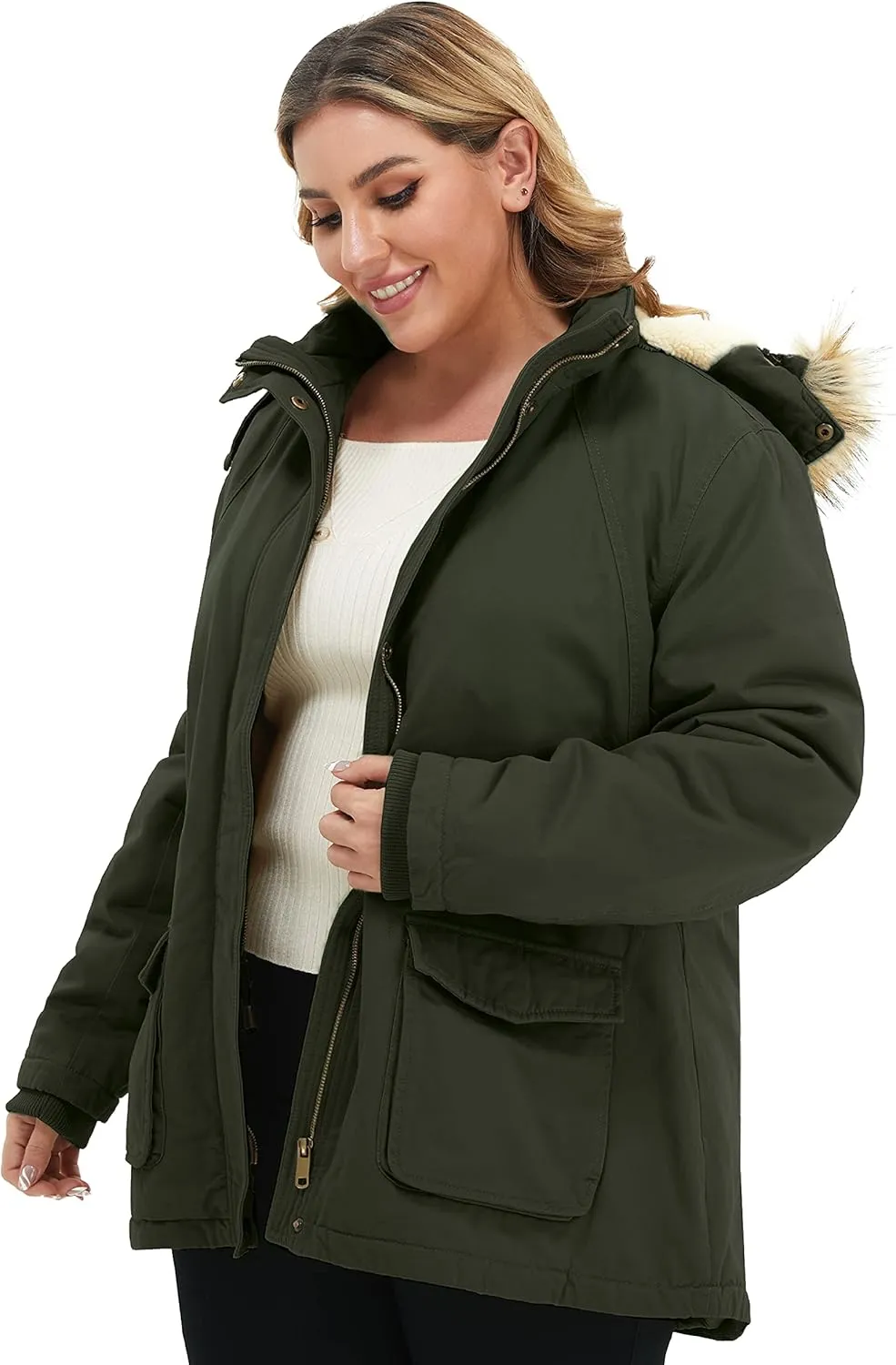 Soularge Women's Winter Plus Size Sherpa Lined Jacket with Detachable Hood