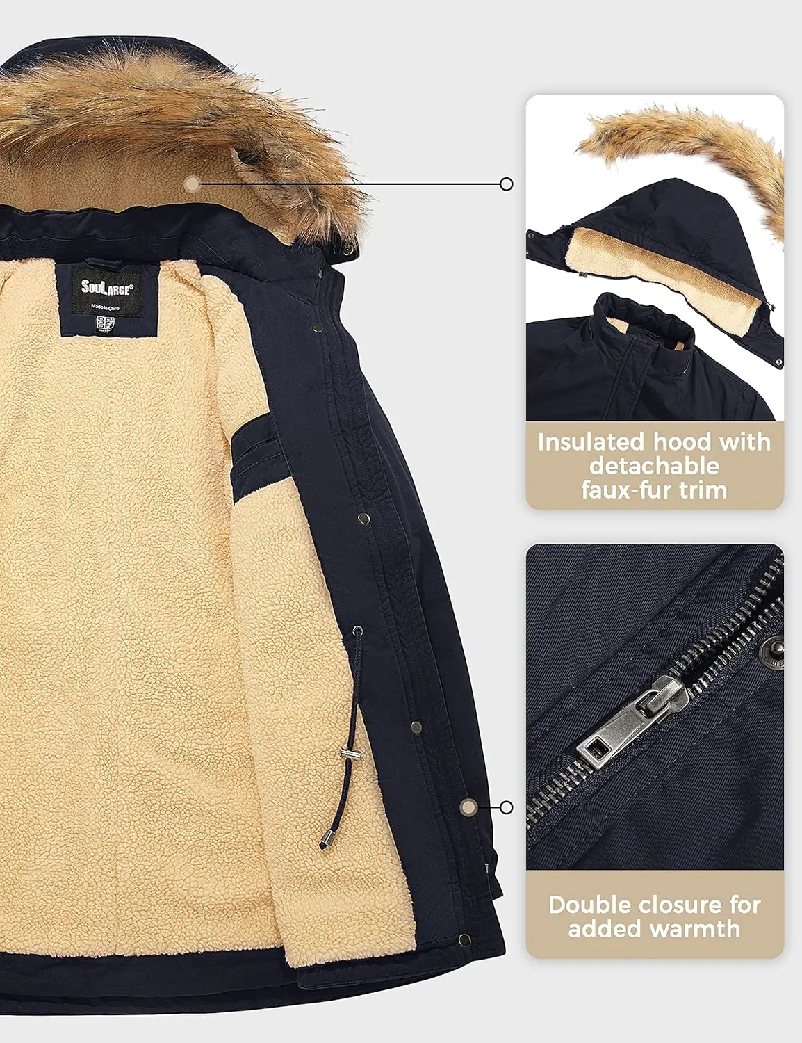 Soularge Women's Winter Plus Size Sherpa Lined Jacket with Detachable Hood