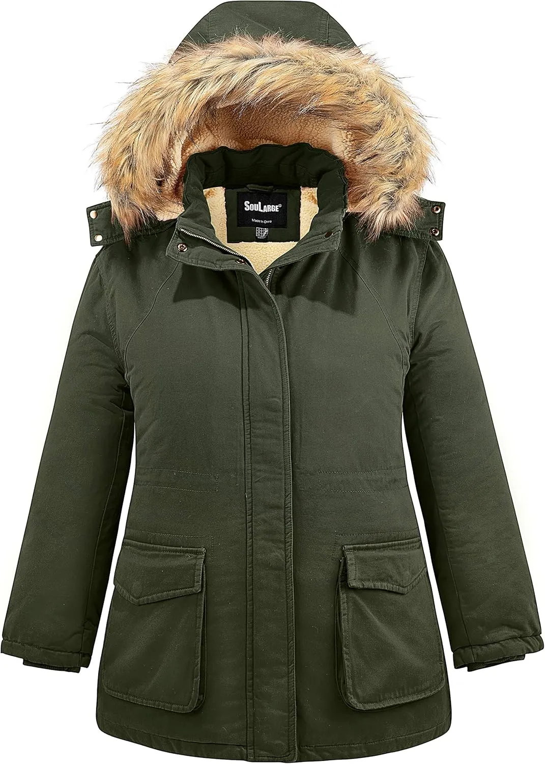 Soularge Women's Winter Plus Size Sherpa Lined Jacket with Detachable Hood