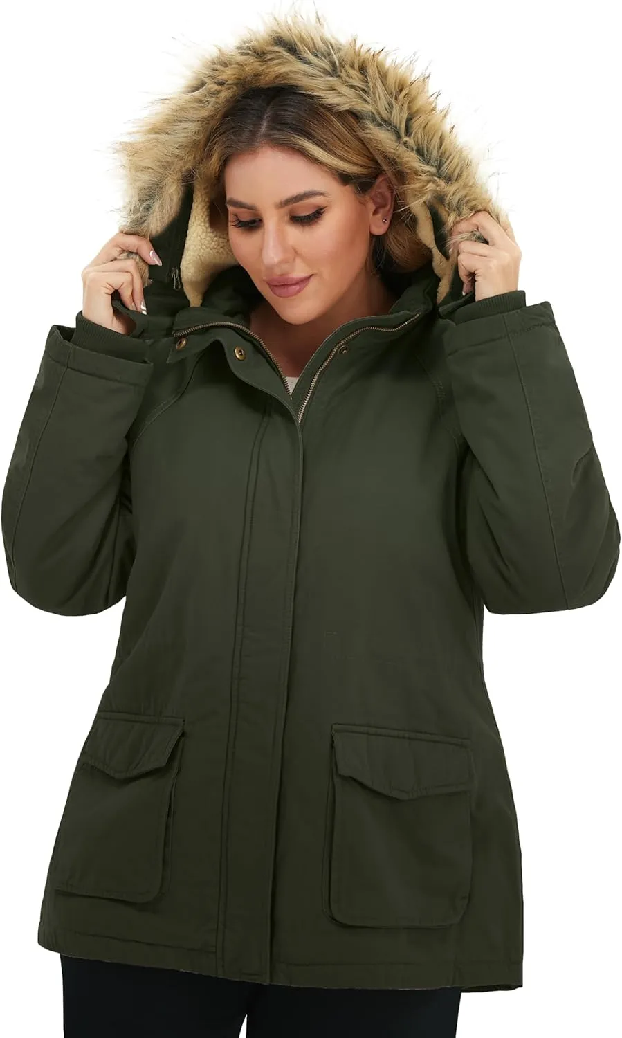 Soularge Women's Winter Plus Size Sherpa Lined Jacket with Detachable Hood
