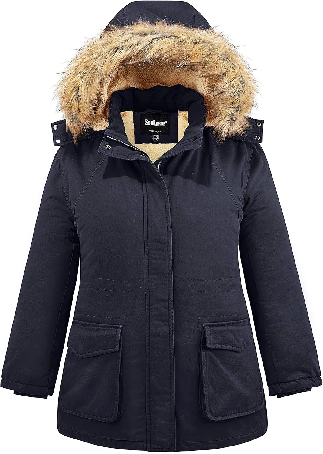 Soularge Women's Winter Plus Size Sherpa Lined Jacket with Detachable Hood
