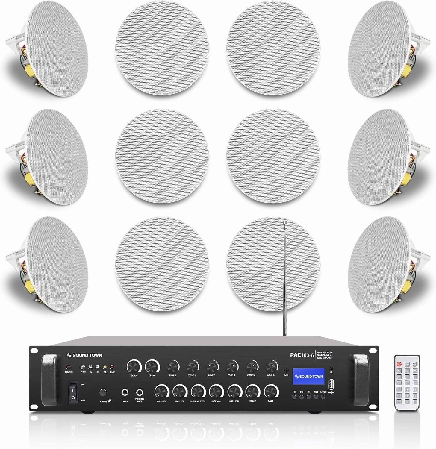 Sound Town Commercial Restaurant Bluetooth Amplifier   in-Ceiling Speaker Set, with One 6-Zone 70V/100V Amplifier with Bluetooth, 12 x Two-Way 6.5-Inch in-Ceiling Speakers, White (PAC180X12CS6N)