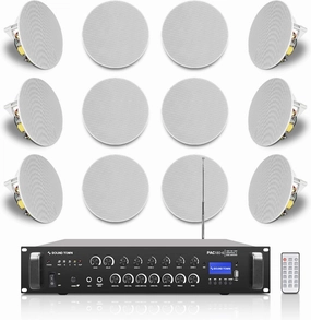 Sound Town Commercial Restaurant Bluetooth Amplifier   in-Ceiling Speaker Set, with One 6-Zone 70V/100V Amplifier with Bluetooth, 12 x Two-Way 6.5-Inch in-Ceiling Speakers, White (PAC180X12CS6N)