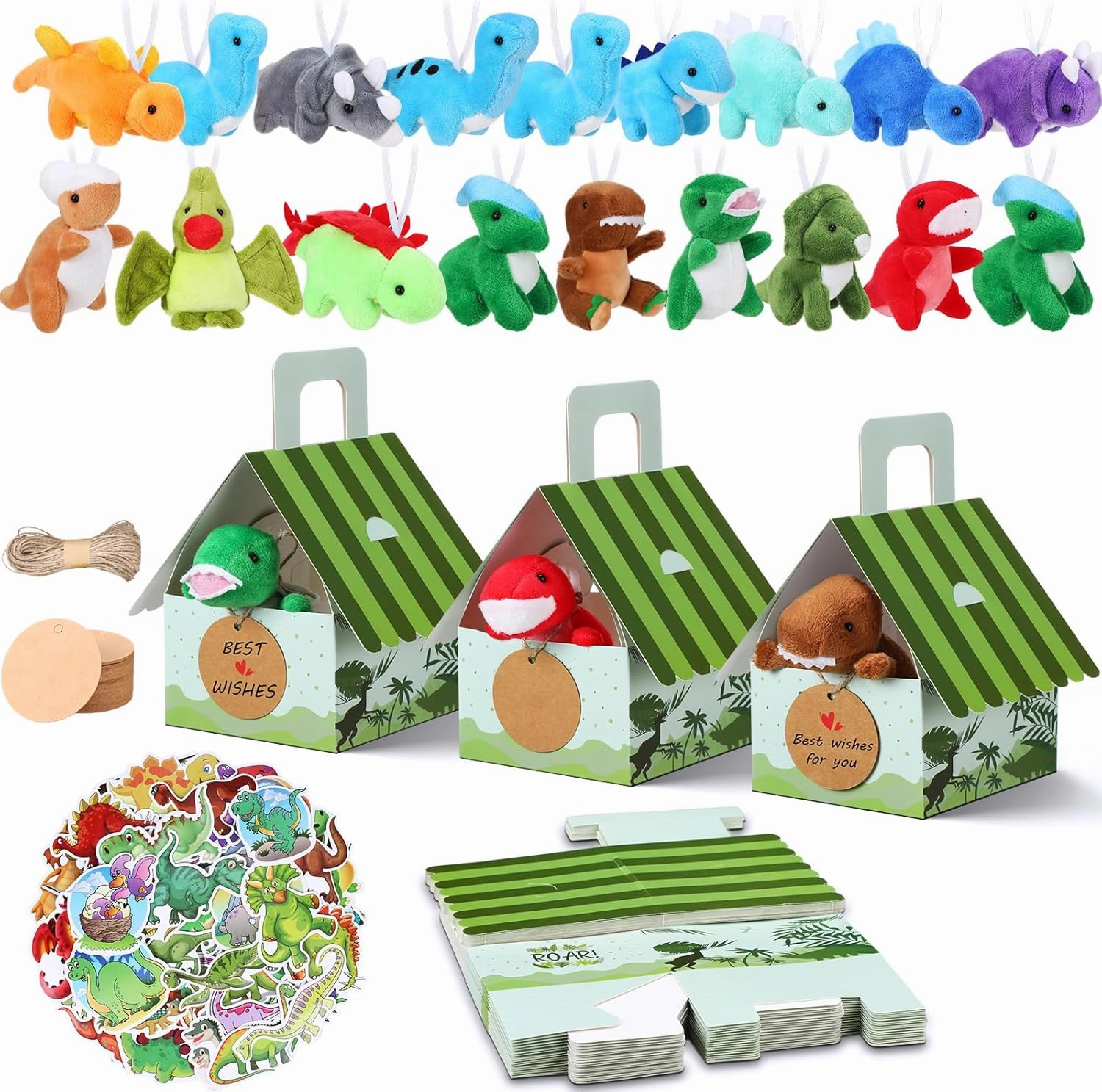 Spakon 72 Pcs Dinosaur Party Favors for Boys and Girls Includes 12 Sets Mini Dinosaur Stuffed Animals Plush Keychains Gift Box House Stickers Adopt a Dinosaur Party Favor for Dinosaur Birthday Favors