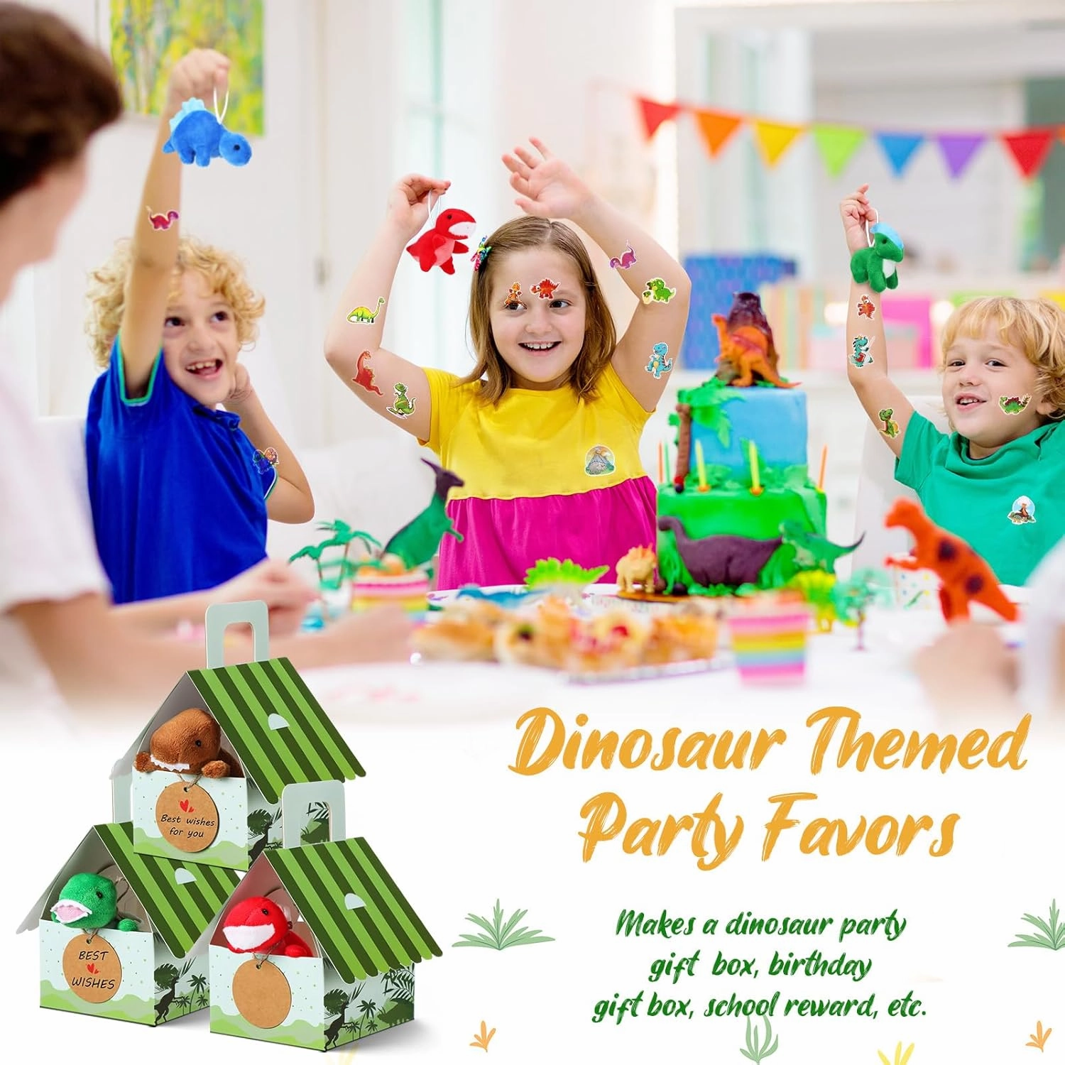 Spakon 72 Pcs Dinosaur Party Favors for Boys and Girls Includes 12 Sets Mini Dinosaur Stuffed Animals Plush Keychains Gift Box House Stickers Adopt a Dinosaur Party Favor for Dinosaur Birthday Favors