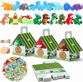 Spakon 72 Pcs Dinosaur Party Favors for Boys and Girls Includes 12 Sets Mini Dinosaur Stuffed Animals Plush Keychains Gift Box House Stickers Adopt a Dinosaur Party Favor for Dinosaur Birthday Favors
