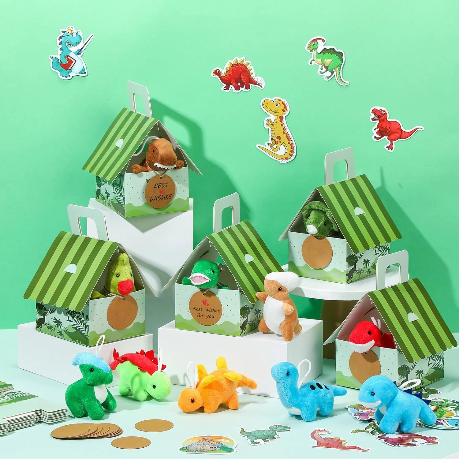 Spakon 72 Pcs Dinosaur Party Favors for Boys and Girls Includes 12 Sets Mini Dinosaur Stuffed Animals Plush Keychains Gift Box House Stickers Adopt a Dinosaur Party Favor for Dinosaur Birthday Favors