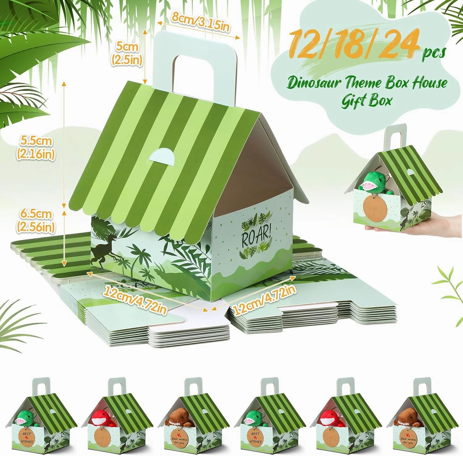 Spakon 72 Pcs Dinosaur Party Favors for Boys and Girls Includes 12 Sets Mini Dinosaur Stuffed Animals Plush Keychains Gift Box House Stickers Adopt a Dinosaur Party Favor for Dinosaur Birthday Favors
