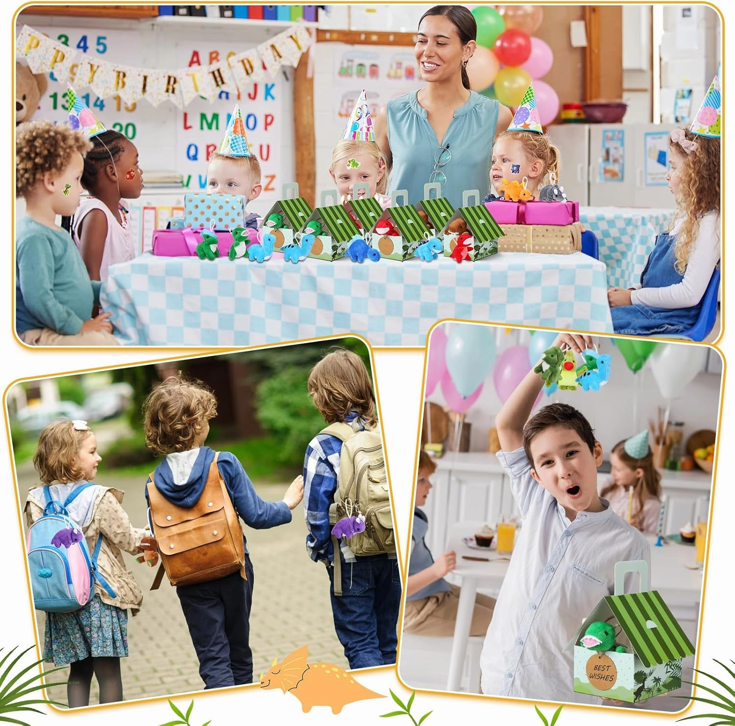 Spakon 72 Pcs Dinosaur Party Favors for Boys and Girls Includes 12 Sets Mini Dinosaur Stuffed Animals Plush Keychains Gift Box House Stickers Adopt a Dinosaur Party Favor for Dinosaur Birthday Favors