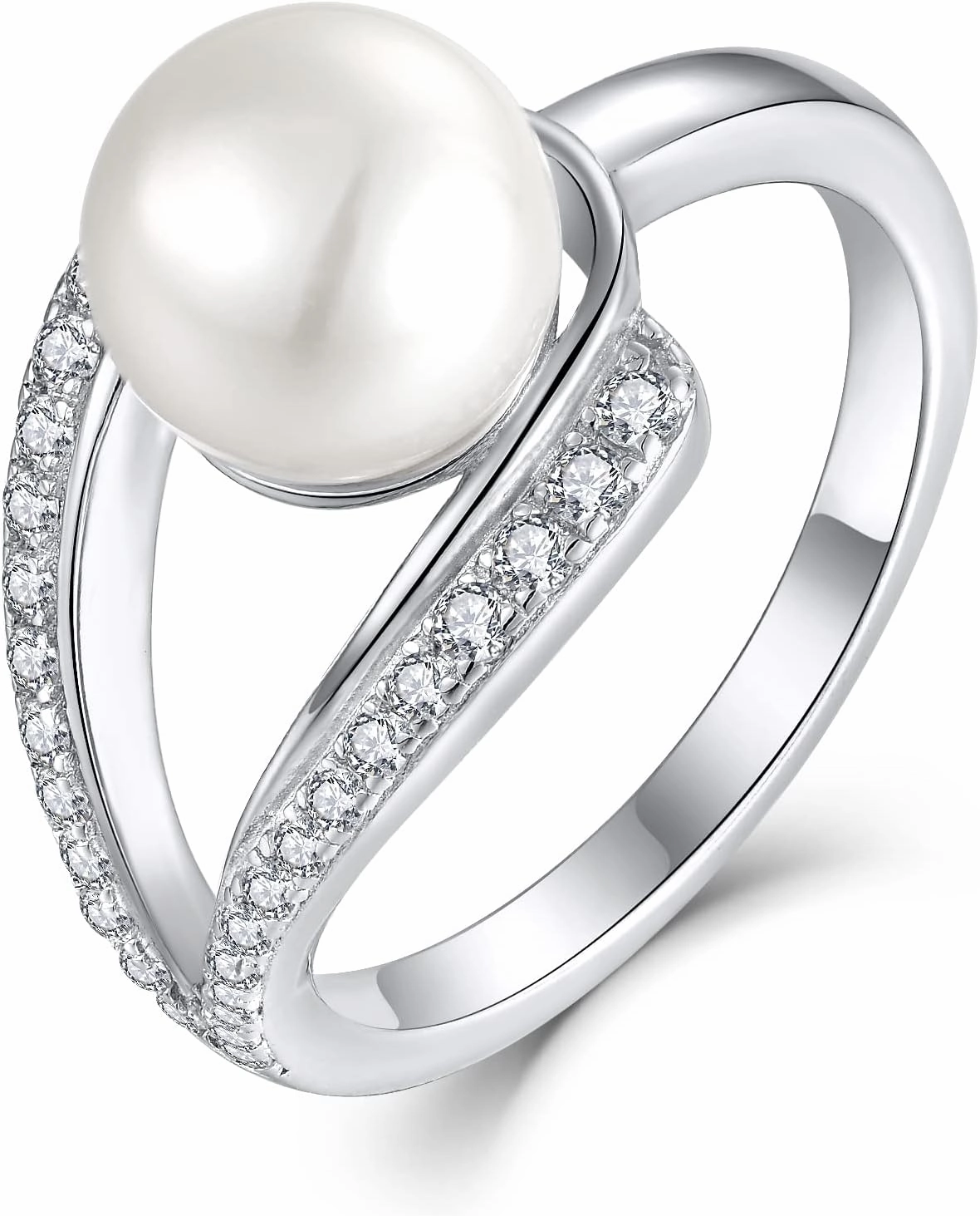 STARCHENIE Pearl Rings for Women Sterling Silver,7mm Pearl Cubic Zirconia Rings Band Engagement Rings for Women size 5-10