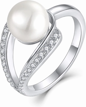 STARCHENIE Pearl Rings for Women Sterling Silver,7mm Pearl Cubic Zirconia Rings Band Engagement Rings for Women size 5-10