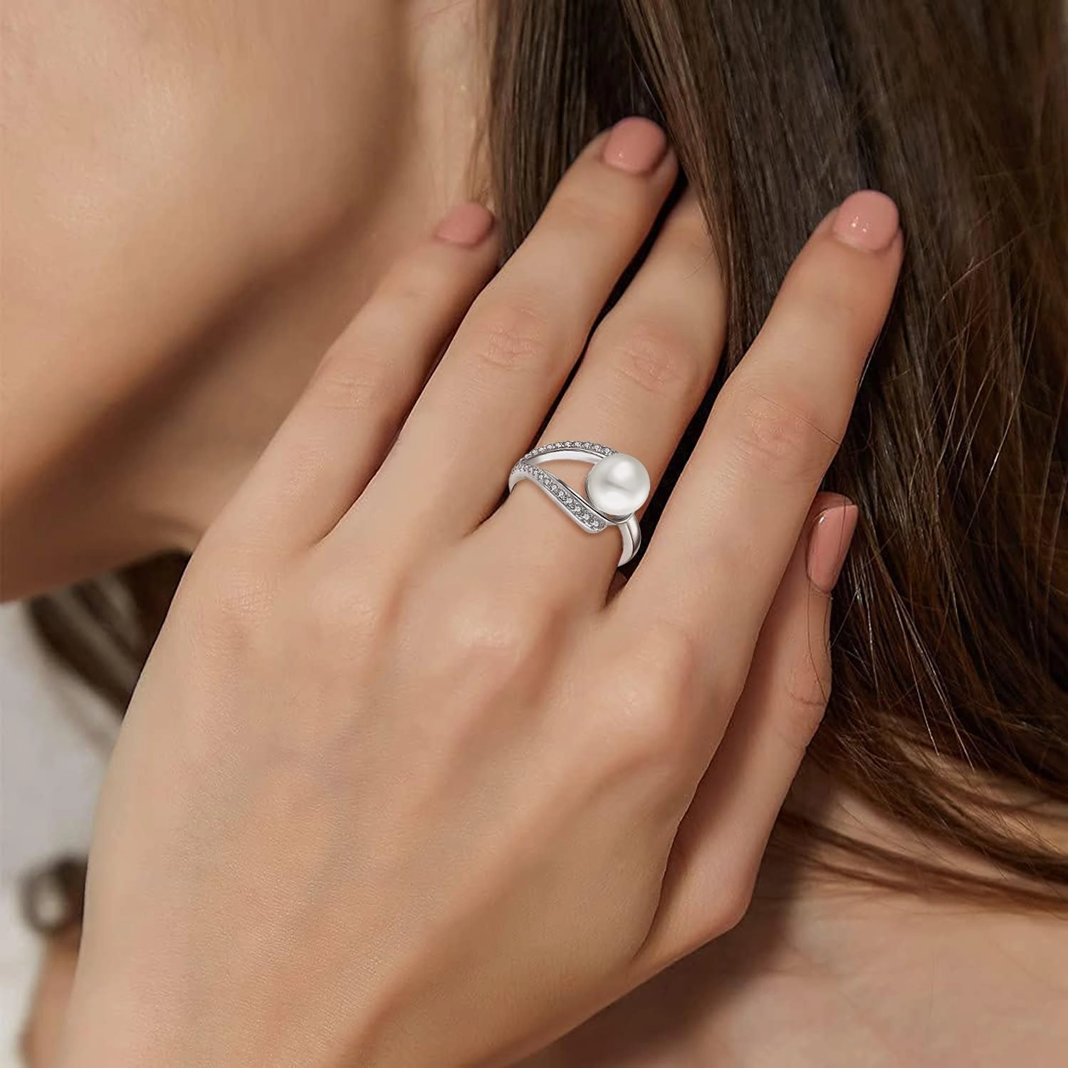STARCHENIE Pearl Rings for Women Sterling Silver,7mm Pearl Cubic Zirconia Rings Band Engagement Rings for Women size 5-10