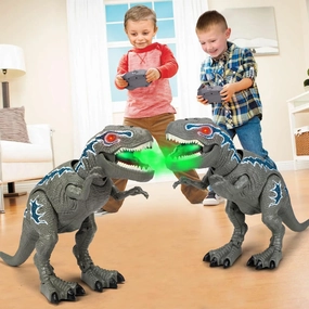 STEAM Life Remote Control Dinosaur Toys for Kids 3-5 - T Rex Dinosaur Robot with 12 Dino Figures - Light Up & Roaring Sound - Electronic Walking Toy - Gray