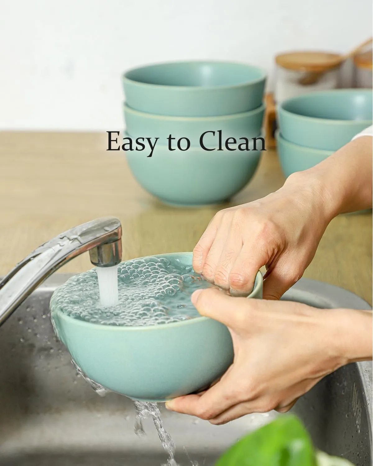Stoneware Bowls Set of 4, 24 oz Soup Bowls for Kitchen, Ceramic Cereal Bowls for Salad, Ice Cream, Rice, Farmhouse Bowls for Gift Decor, Dishwasher Microwave Safe, Matte Turquoise