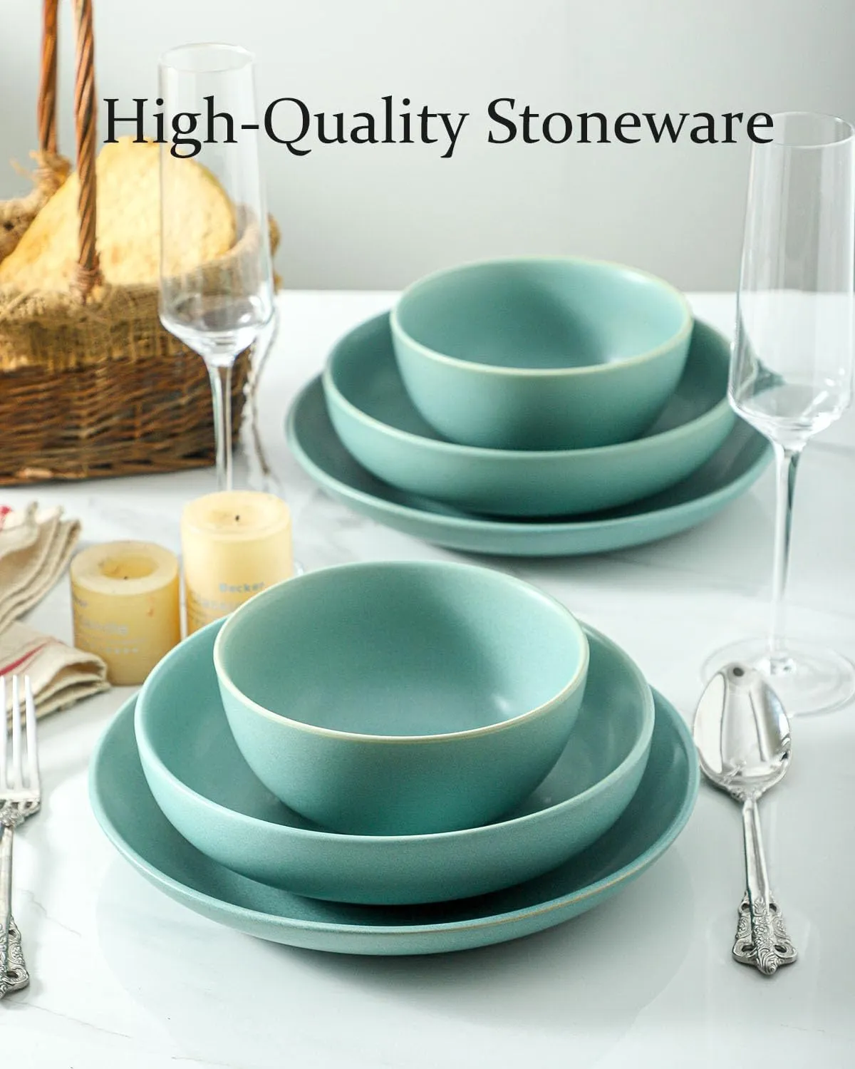 Stoneware Bowls Set of 4, 24 oz Soup Bowls for Kitchen, Ceramic Cereal Bowls for Salad, Ice Cream, Rice, Farmhouse Bowls for Gift Decor, Dishwasher Microwave Safe, Matte Turquoise