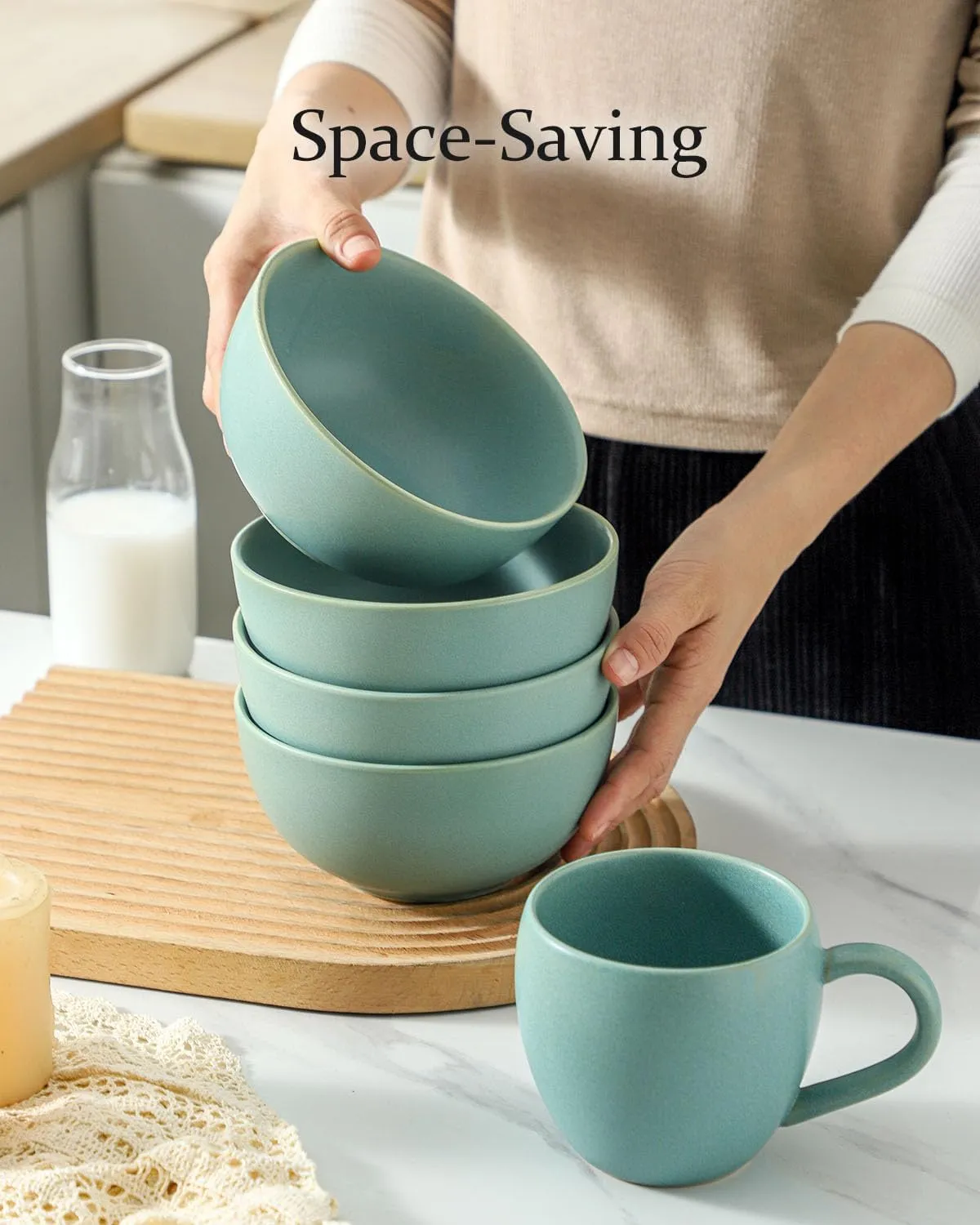 Stoneware Bowls Set of 4, 24 oz Soup Bowls for Kitchen, Ceramic Cereal Bowls for Salad, Ice Cream, Rice, Farmhouse Bowls for Gift Decor, Dishwasher Microwave Safe, Matte Turquoise
