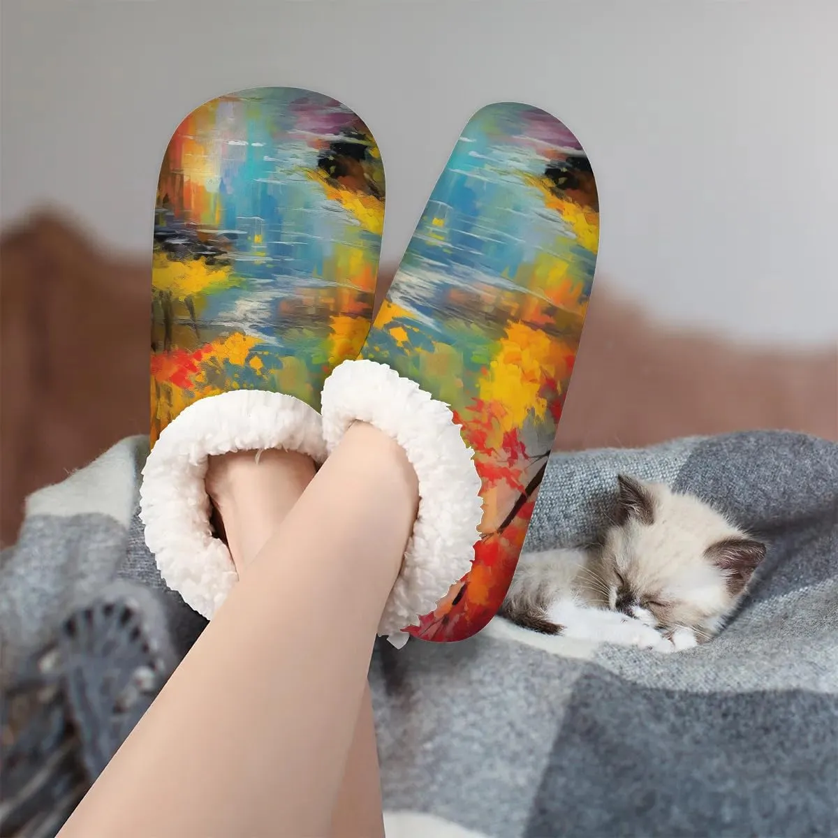 Sunrise Sunset Scenic Summer Nature Plants Scenery Country Flower Rustic Women's Soft Slippers Fuzzy Slip On House Slippers for Winter Bedroom Outdoor with Fleece Lining