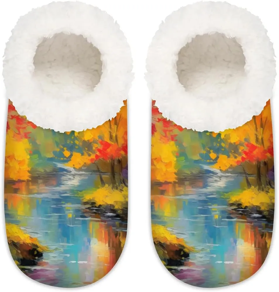 Sunrise Sunset Scenic Summer Nature Plants Scenery Country Flower Rustic Women's Soft Slippers Fuzzy Slip On House Slippers for Winter Bedroom Outdoor with Fleece Lining