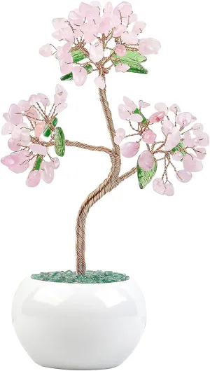 SUNYIK Handmade Healing Chakra Crystal Money Tree Feng Shui Bonsai Tree with Ceramic Base for Decor Wealth Good Luck, Rose Quartz