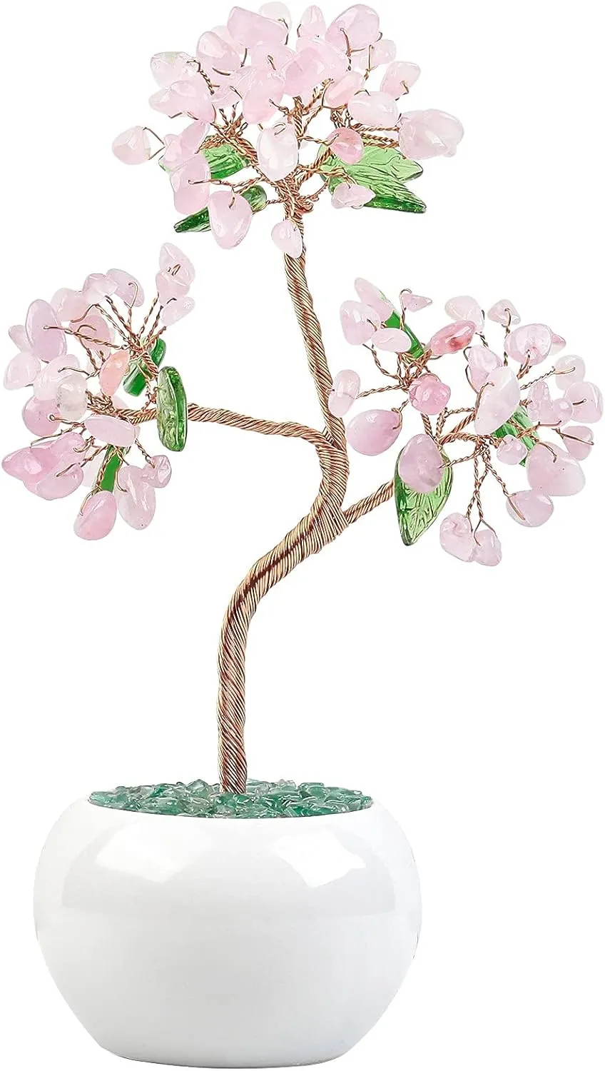 SUNYIK Handmade Healing Chakra Crystal Money Tree Feng Shui Bonsai Tree with Ceramic Base for Decor Wealth Good Luck, Rose Quartz