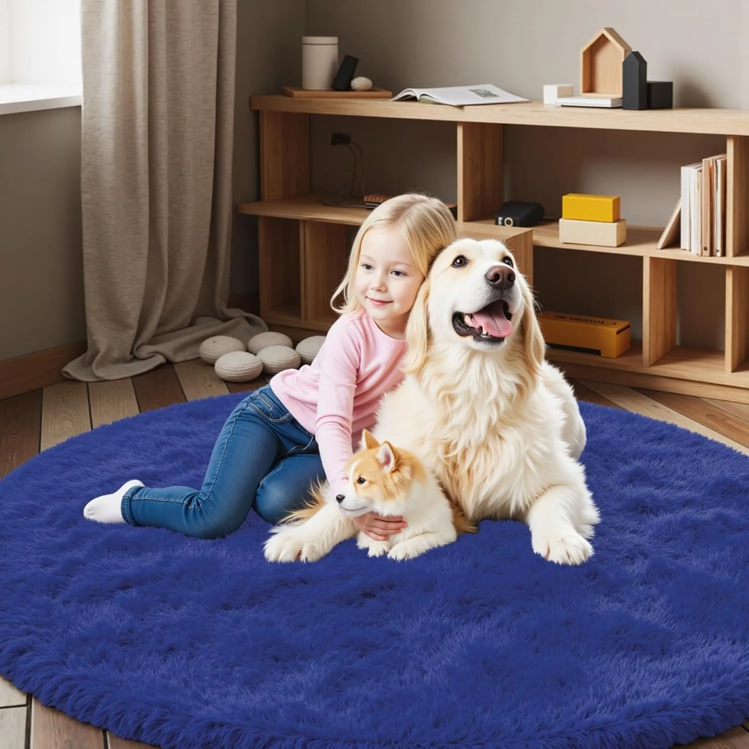 Super Soft Circle Rugs for Girls Princess Castle Toddlers Play Tent 5 Diameter Circular Area Rugs for Kids Bedroom Baby Room Decor Round Shag Playhouse Carpets(Φ5, Royal Blue)