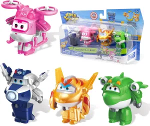 Super Wings 2" Transform-a-Bot 4-Pack, Supercharged Paul, Dizzy, Golden Boy, Mira, Airplane Toys Mini Action Figures, Preschool Toys for 3 4 5 Year Old Kids, Birthday Gifts for Kids