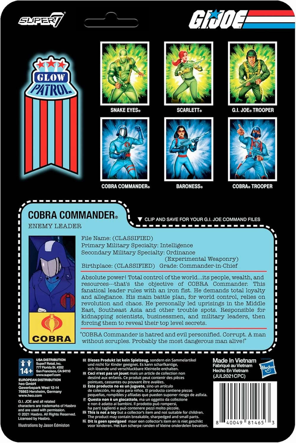 Super7 G.I. Joe Cobra Commander (Glow Patrol) - 3.75" G.I. Joe Action Figure with Accessory Classic Cartoon Collectibles and Retro Toys