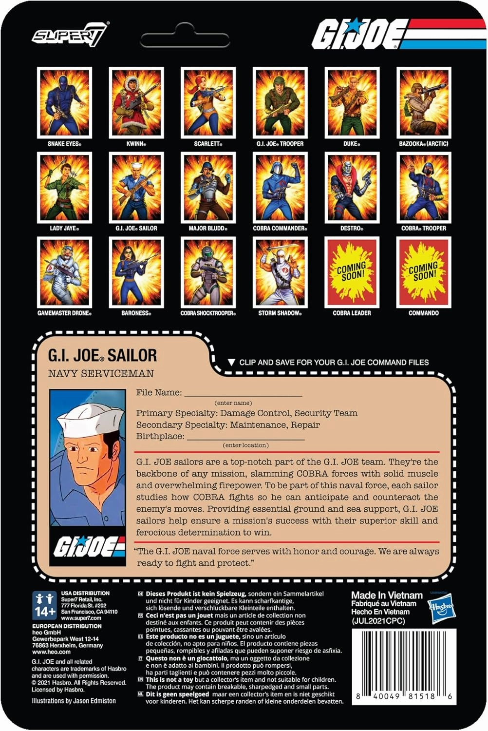Super7 G.I. Joe Sailor Blueshirt (Beard/Brown) - 3.75" G.I. Joe Action Figure with Accessory Classic Cartoon Collectibles and Retro Toys
