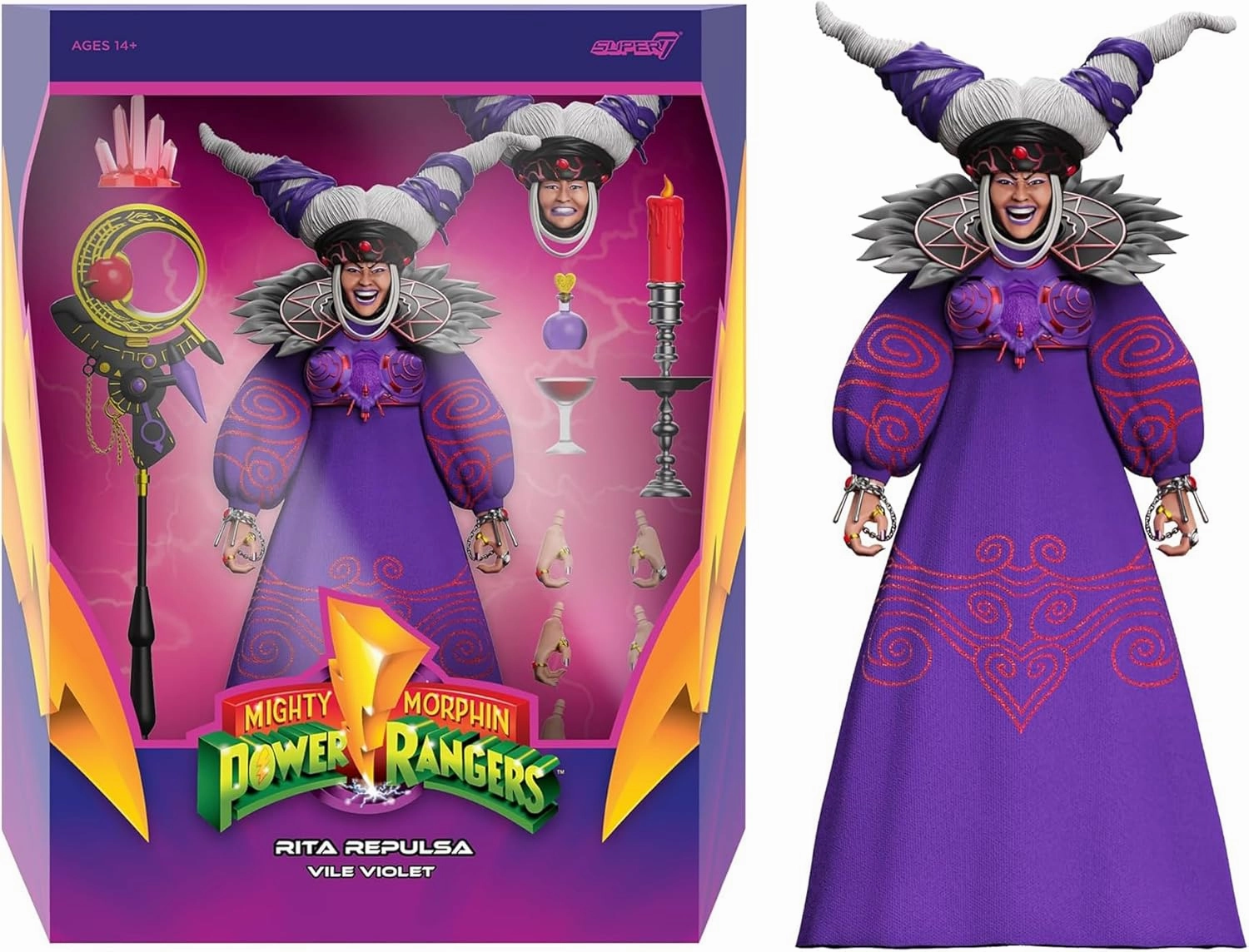Super7 ULTIMATES! Mighty Morphin Power Rangers Rita Repulsa (Vile Violet) - 7" Power Rangers Action Figure with Accessories Classic TV Show Collectibles and Retro Toys